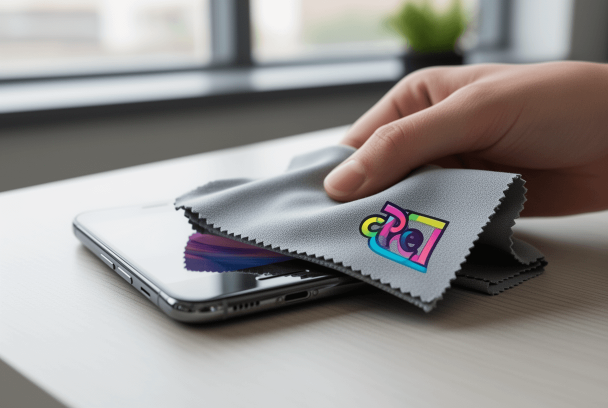 chiffon microfibre publicitaire nettoyant un écran smartphone